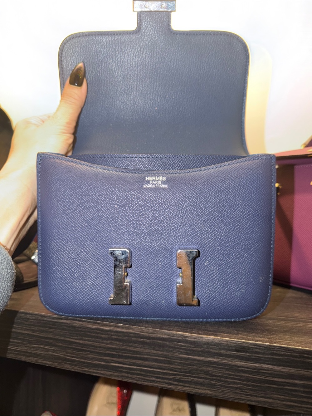 Navy Epsom Leather Crossbody Bag with Metal H-Clasp NO offers. - Picture 7 of 16